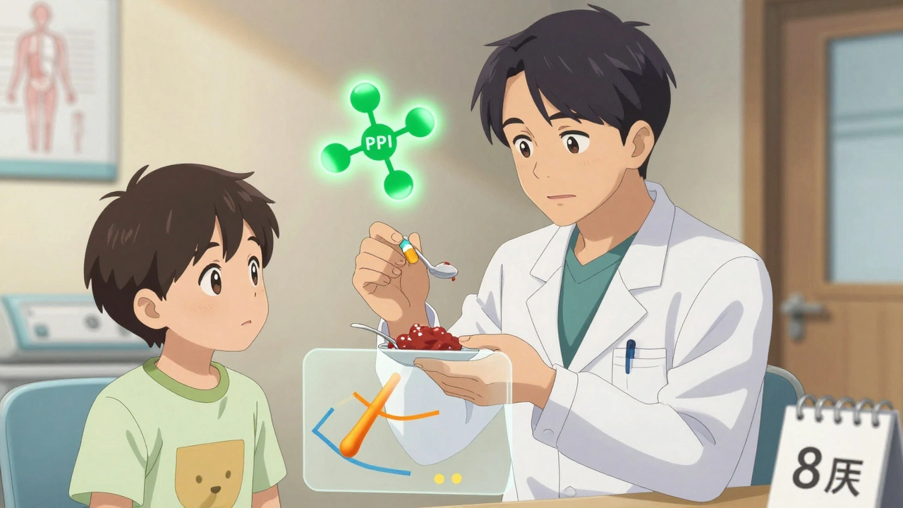Pediatrician mixing rabeprazole capsule with applesauce, nutrient pathways shown.