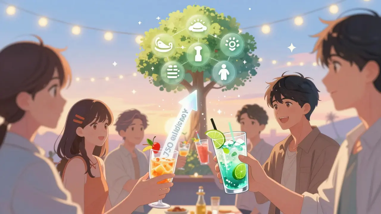 Person choosing low-calorie drink at party while health benefits grow as a radiant tree behind them.