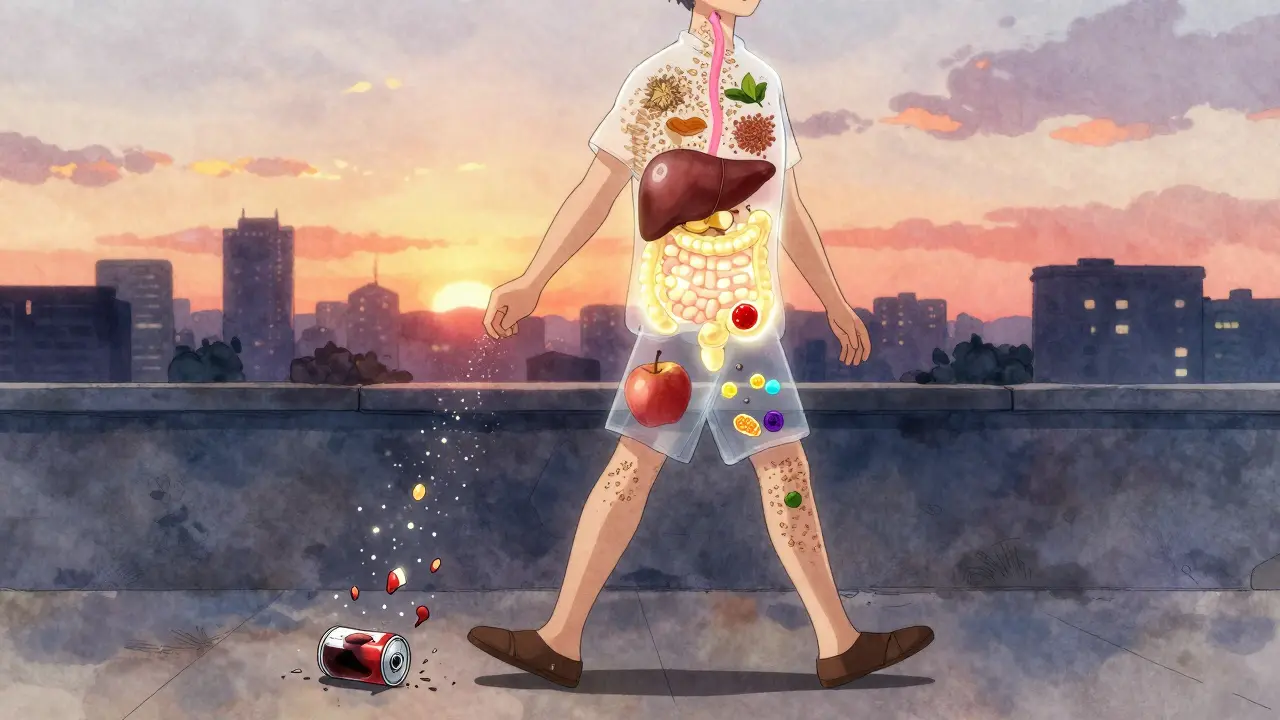 Person walking at sunset, transparent body showing gut and liver healing with fiber particles.