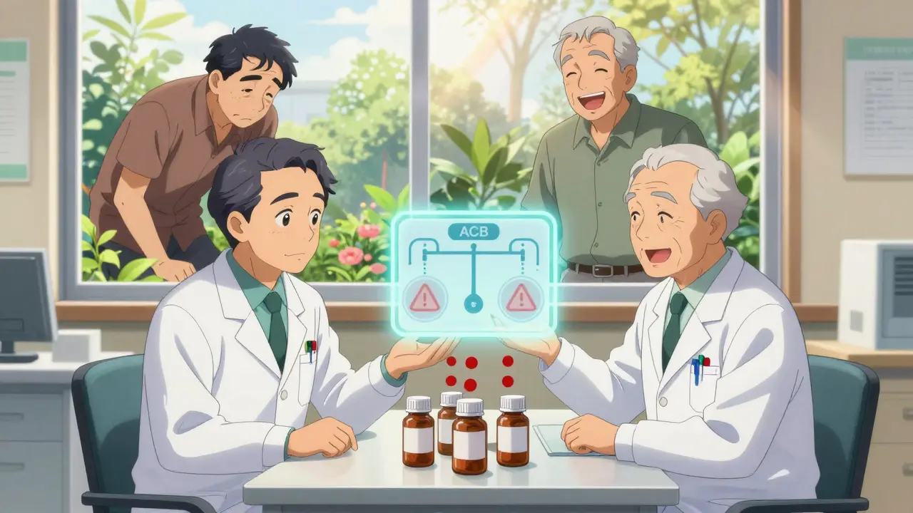 Pharmacist and senior reviewing meds, with a glowing scale removing red warning symbols from pills.