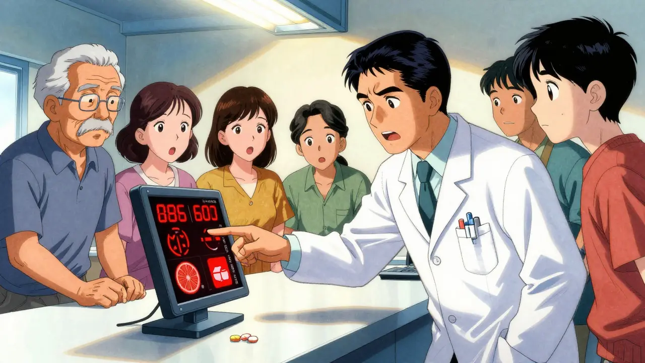 Pharmacist showing a drug interaction alert on a screen to anxious patients in a pharmacy.