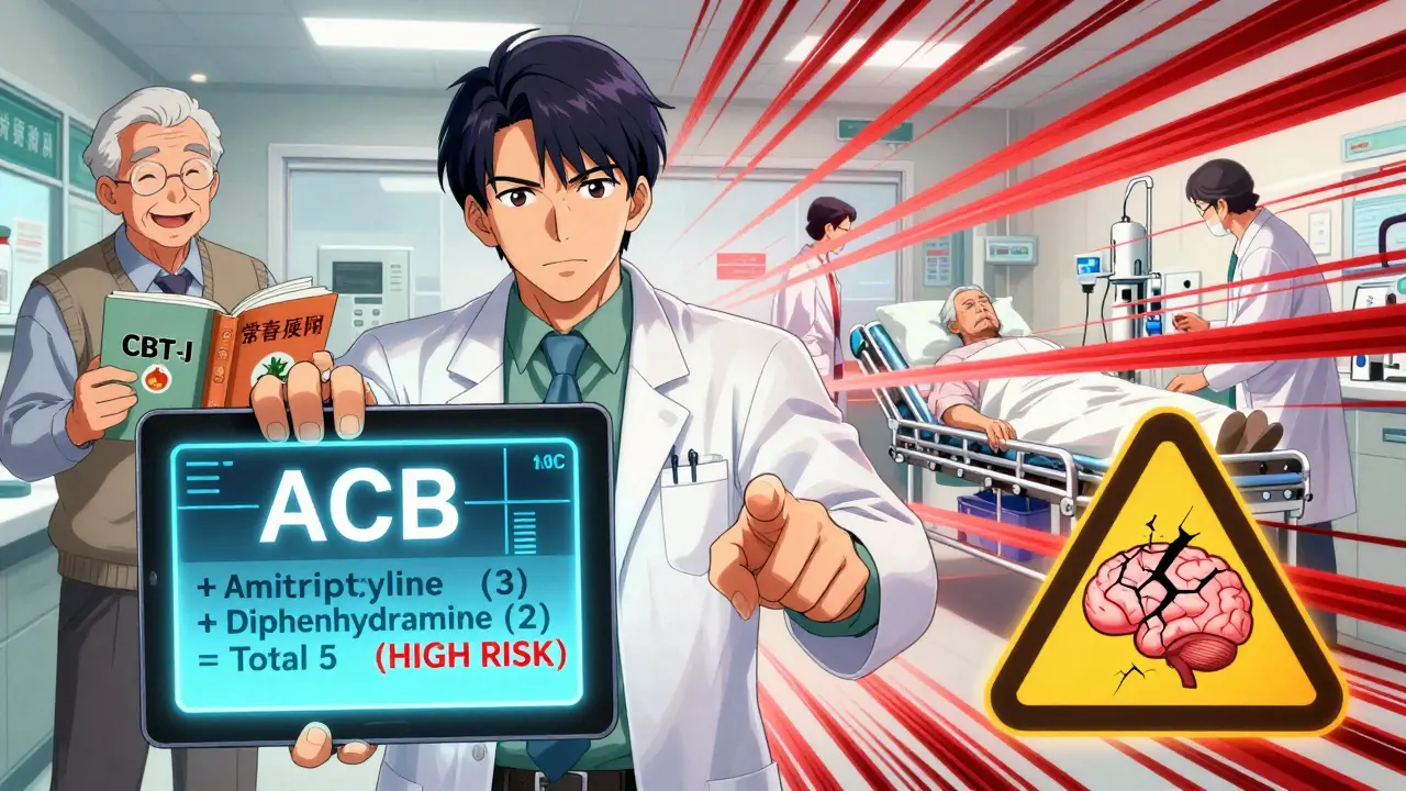 Pharmacist warning about high anticholinergic risk using a digital ACB scale, contrasting safe and dangerous choices.