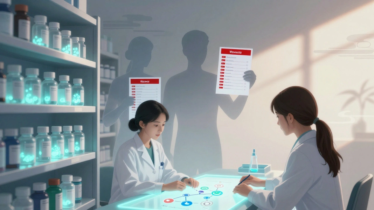 Pharmacy shelf with glowing supplements and patient silhouettes holding warning blood test results.
