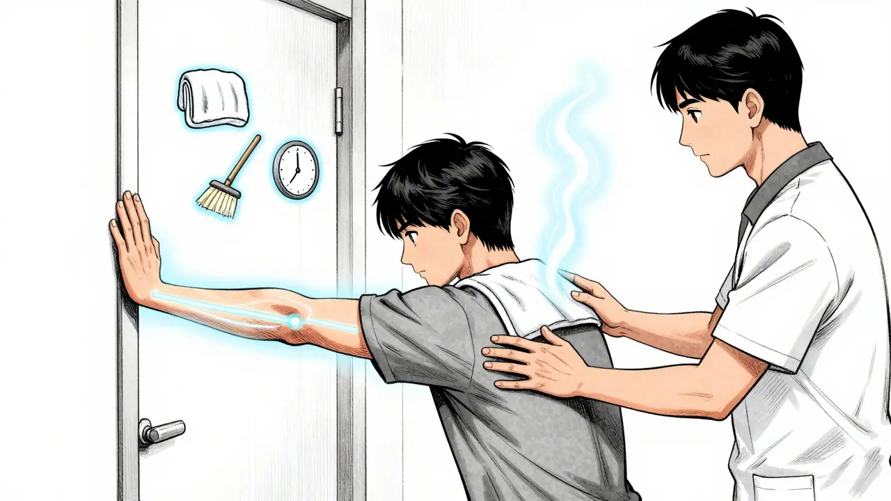 Physical therapist guiding patient through doorway stretch, heat steam rising, energy lines showing capsule expansion.