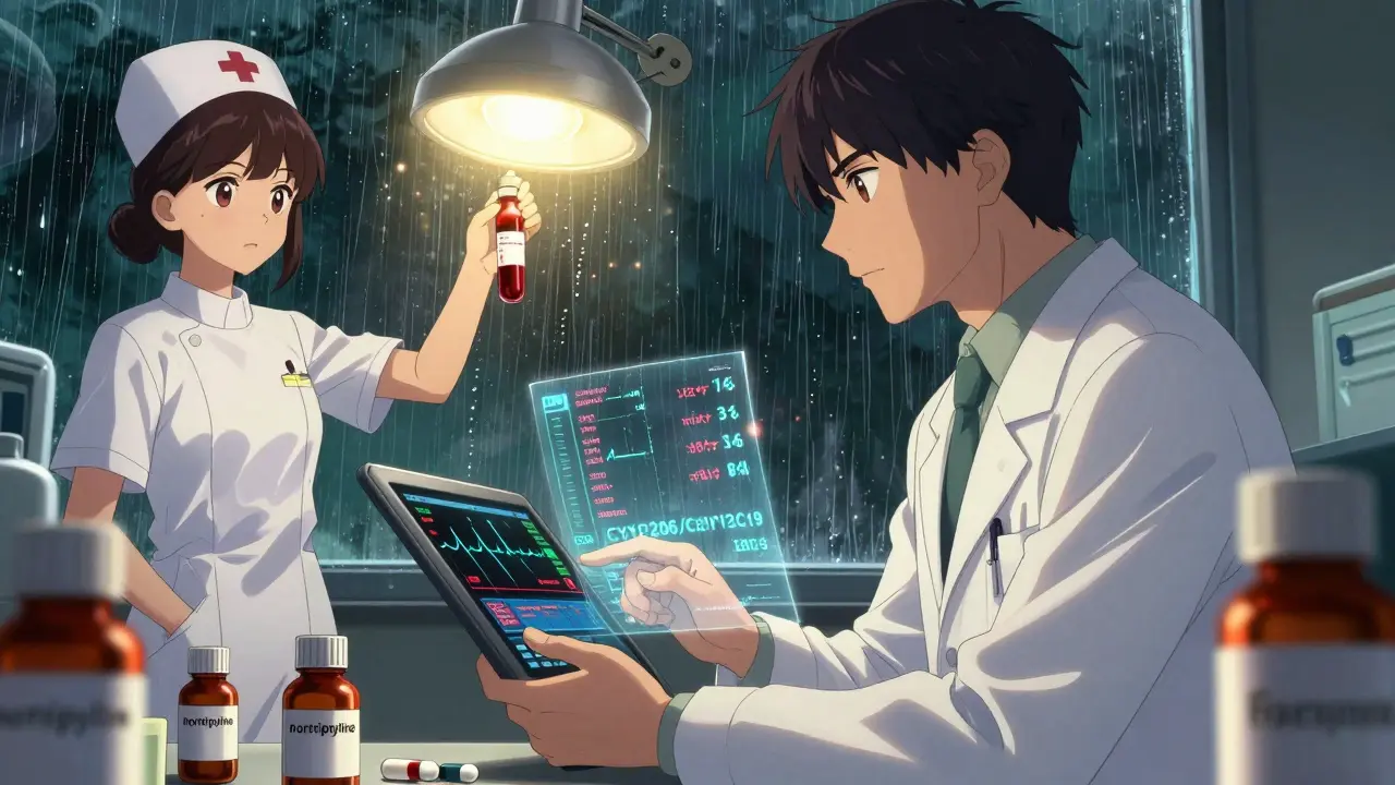 Psychiatrist reviewing holographic TDM data with nurse holding blood vial, genetic markers floating nearby.