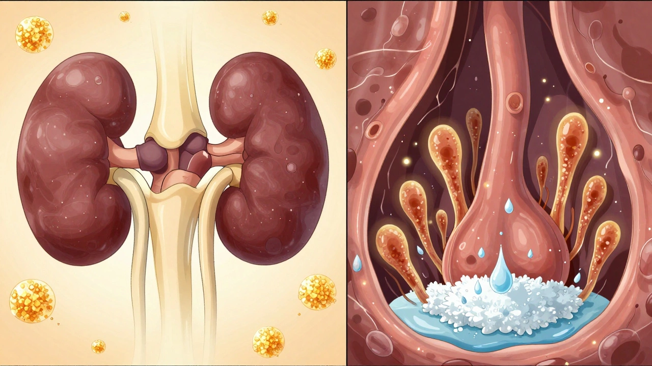 Scientific illustration showing sugar particles in urine being washed away from the genital area by water.