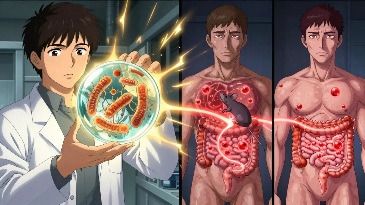 Scientist holding glowing bacteria that trigger immune reactions in mice and humans with autoimmune diseases.