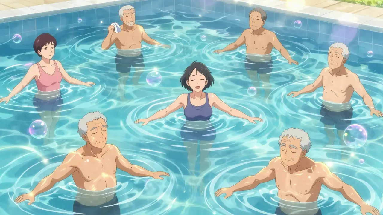Seniors doing water aerobics in a sunlit pool, surrounded by glowing ripples and bubbles.