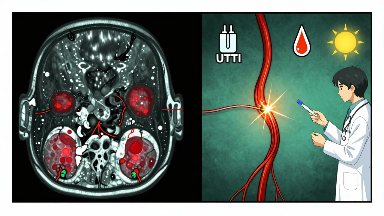 Split image: left shows inflamed MS relapse on MRI, right shows a sparking nerve from heat or infection.