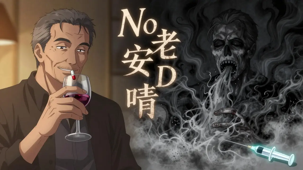 Split image: man drinking with pills transforms into ash and smoke, naloxone syringe glows faintly.