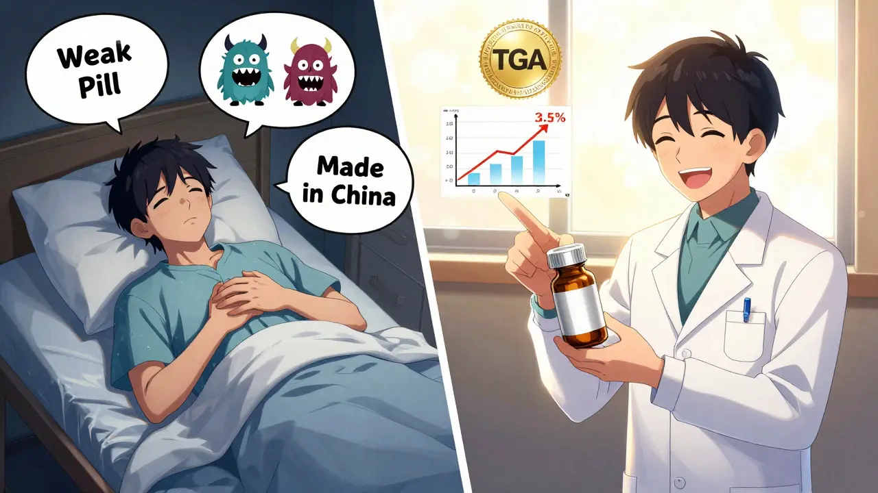 Split image: patient fearing generic meds vs. same patient reassured by pharmacist with a clear absorption chart.