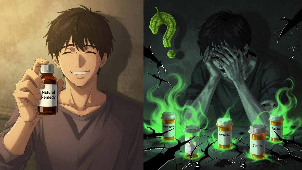 Split image: peaceful herbal supplement vs. chaotic destruction of vital medications.