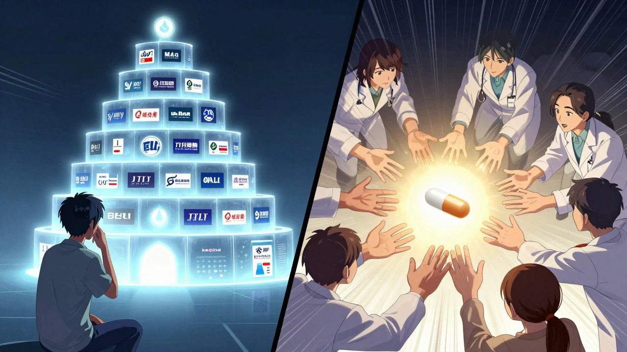 Split scene: brand-name pill fortress vs. glowing generic pill supported by caring hands.