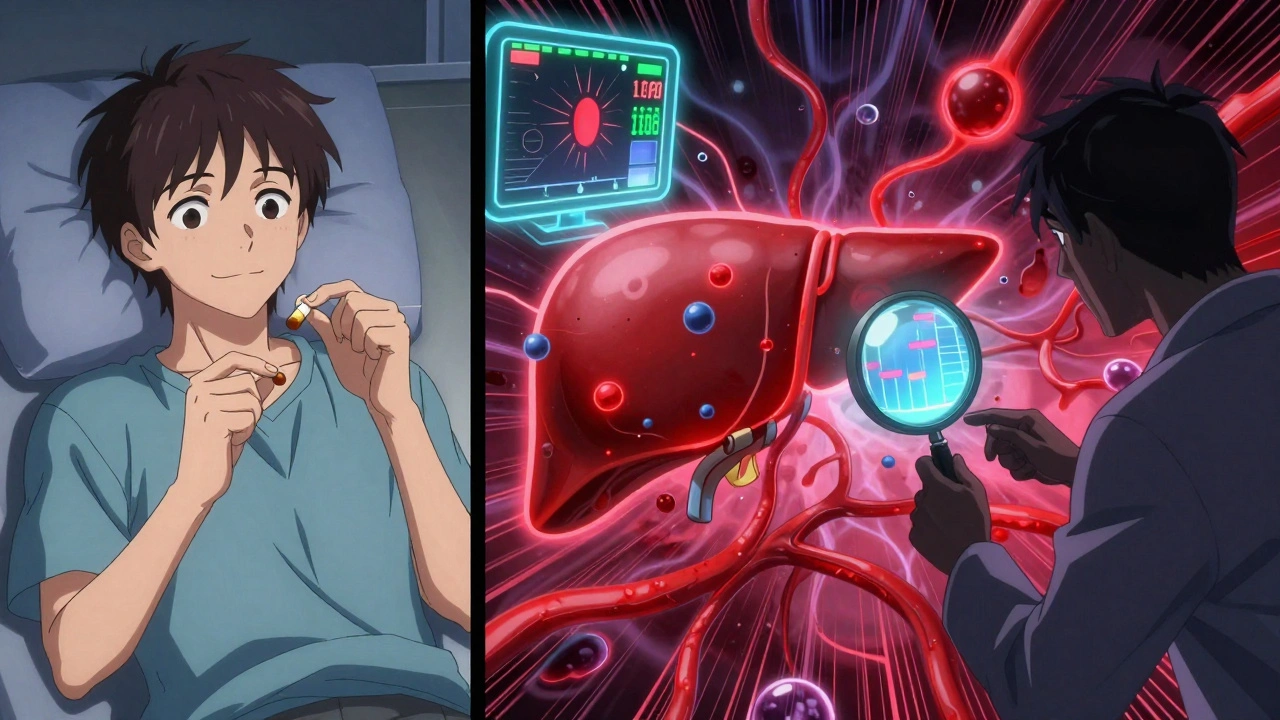 Split scene: calm patient taking supplement vs. chaotic liver with rising INR levels and medical alerts.