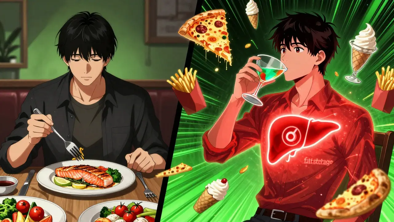 Split scene: healthy meal vs. alcohol-induced junk food cravings with metabolic slowdown effect.