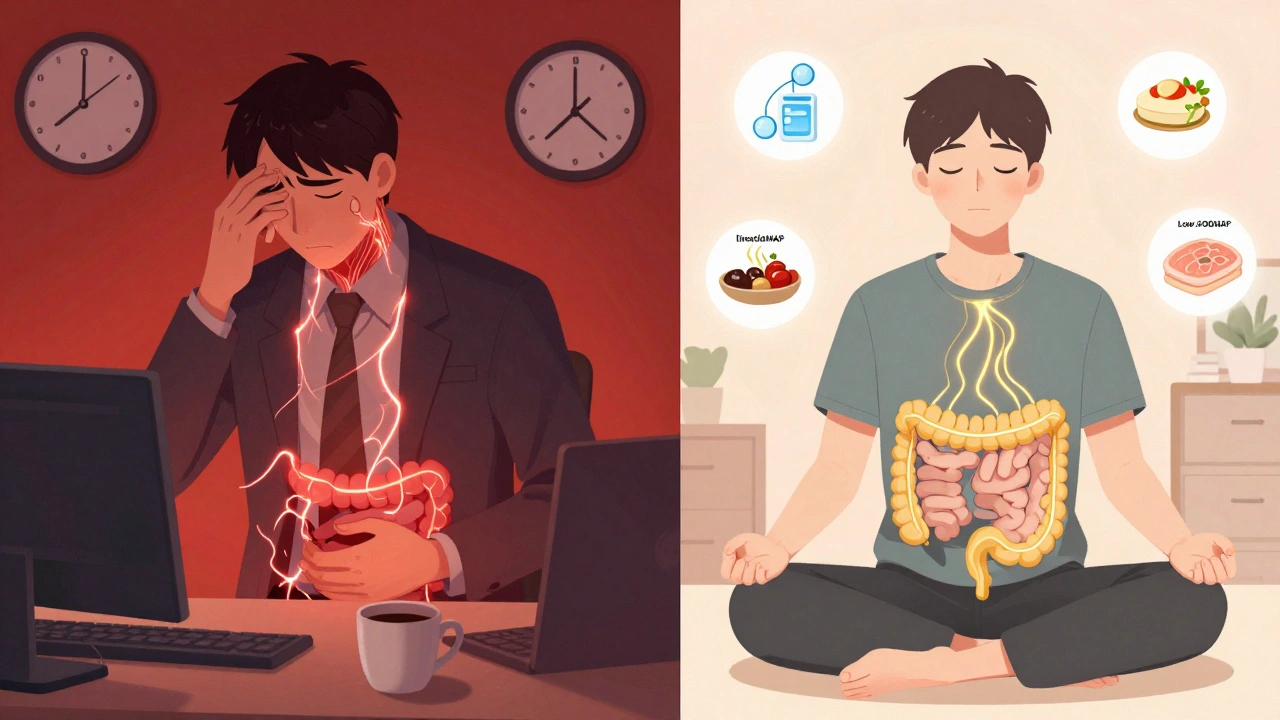Split scene of stressed worker with glowing gut-brain nerves calming into meditation