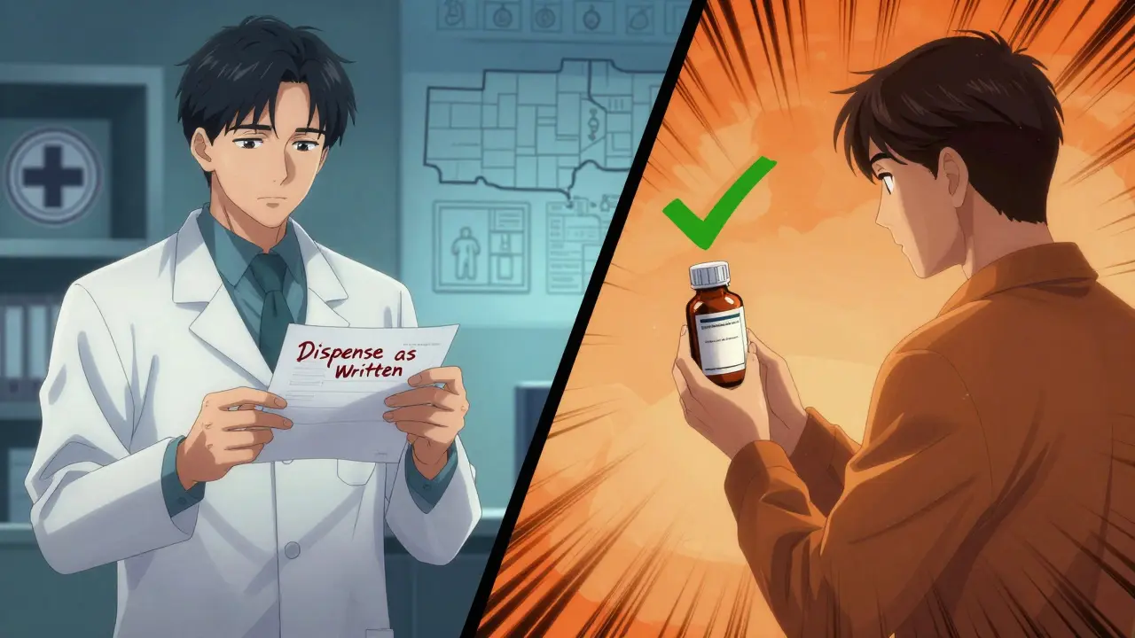 Split scene: pharmacist sees 'Dispense as Written' on prescription versus giving generic with green checkmark.