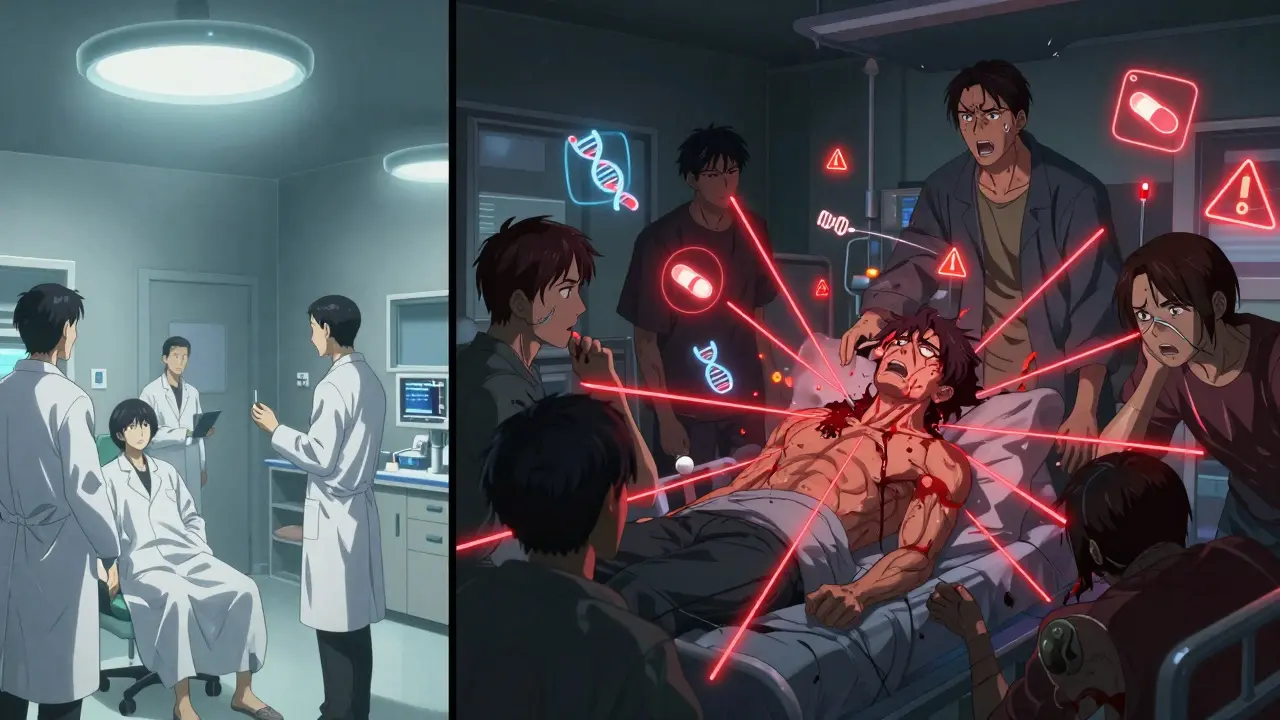 Split scene: sterile clinical trial vs chaotic ER with glowing red lines linking drug interactions.