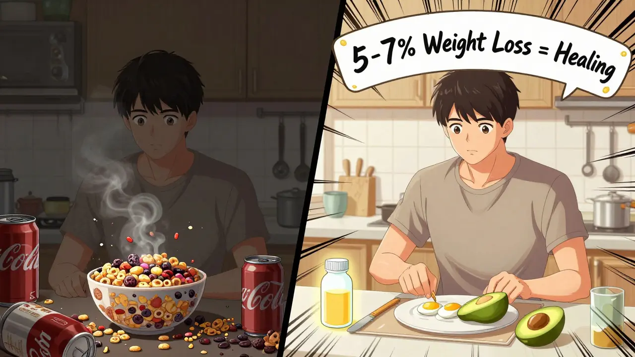 Split scene: unhealthy foods turning to smoke vs. healthy meal with probiotic supplement glowing.