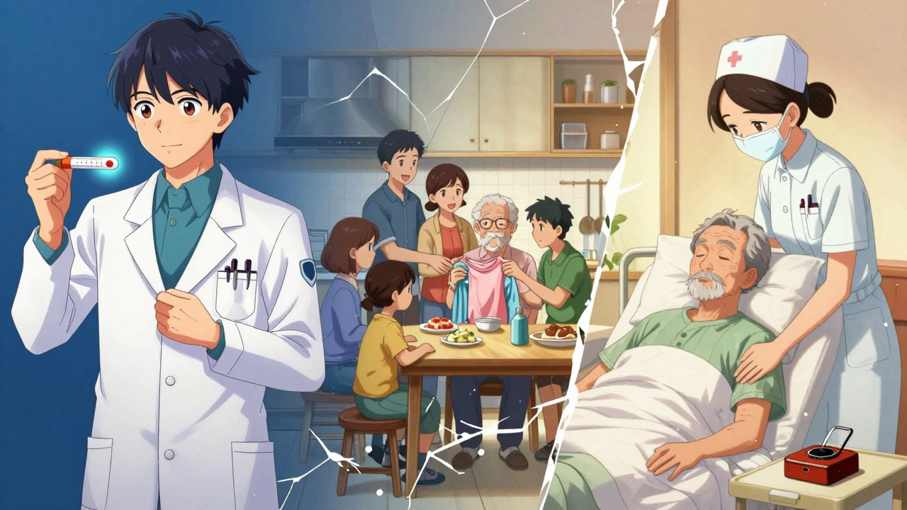 Three-panel timeline showing early diagnosis, daily care, and late-stage comfort with gentle touch.