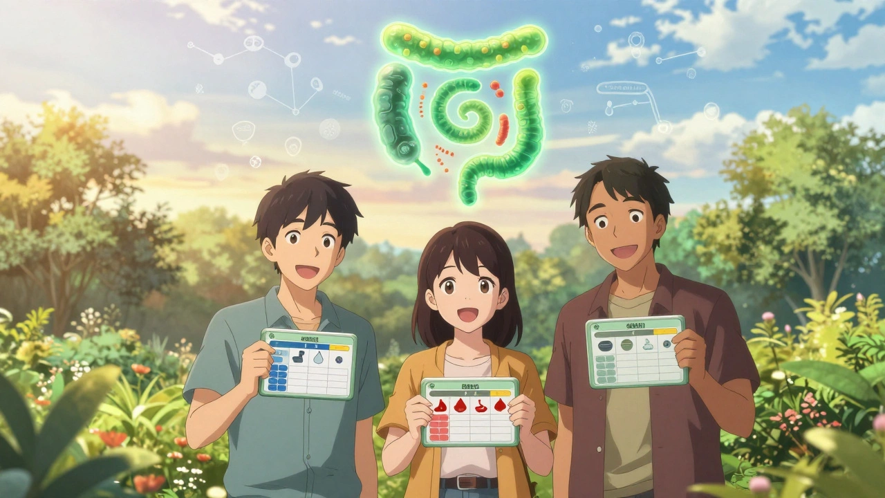 Three people holding personal IBS trackers as gut bacteria spiral into balance