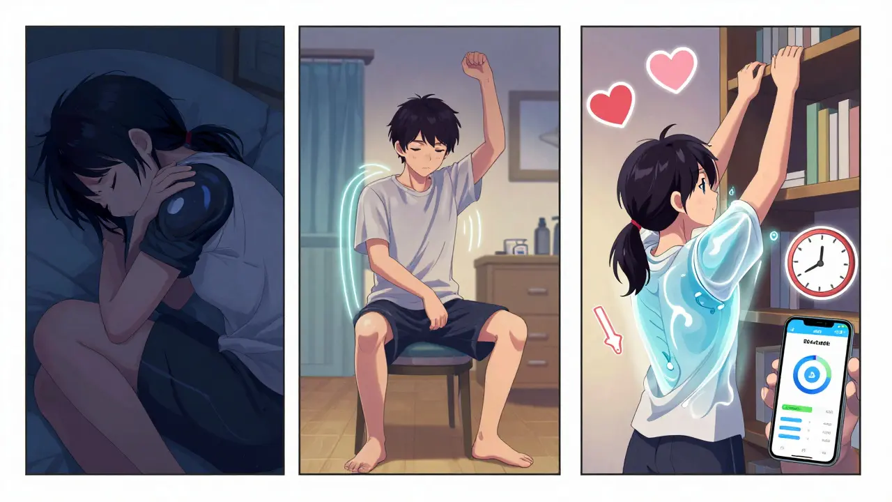 Timeline of frozen shoulder recovery: from pain to mobility, with glowing capsule and progress symbols.