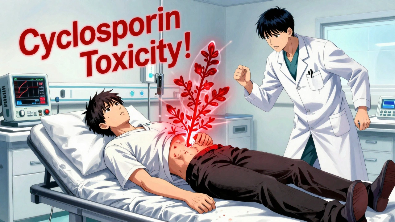 Transplant patient collapsing in hospital as medical monitors show dangerous drug toxicity.