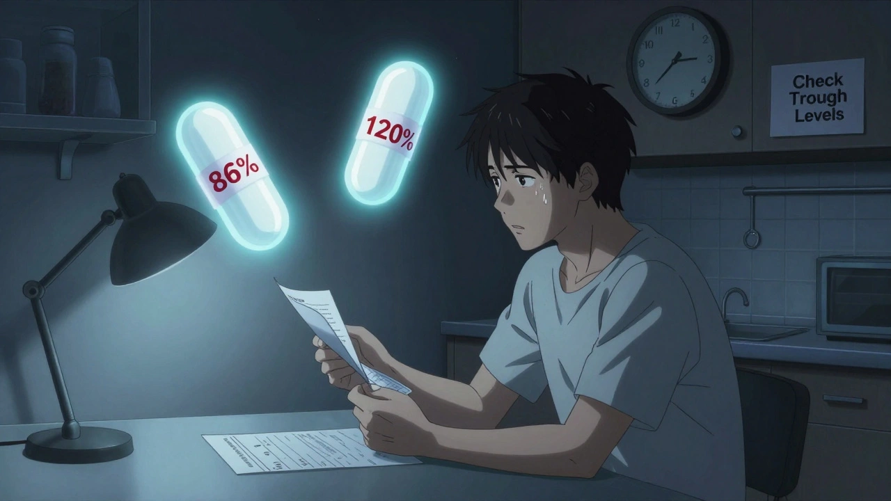 Transplant patient staring at blood test results as ghostly pills float with conflicting potency levels.