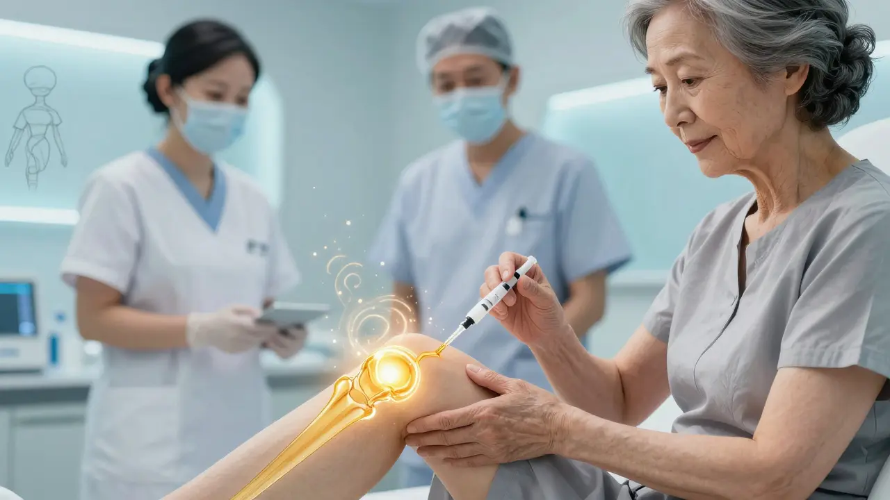Woman receiving a knee injection with glowing fluid, medical staff nearby in a calm clinic setting.