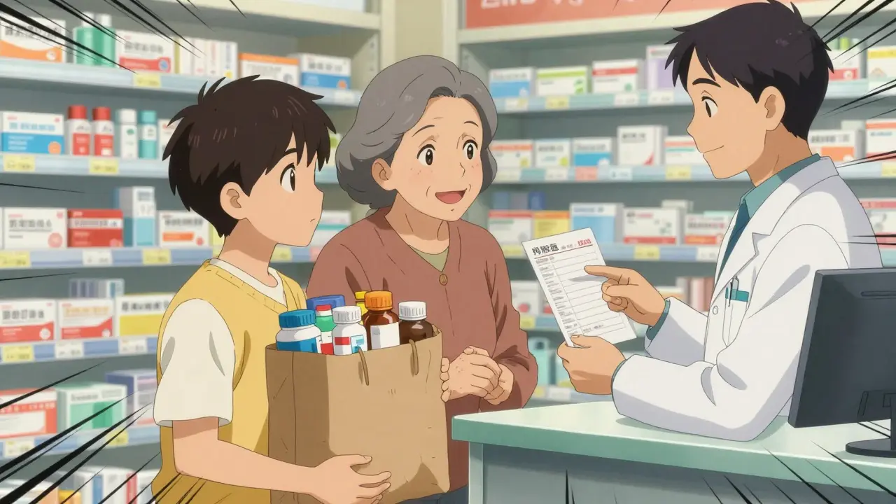 A grandmother and teen hold a brown bag of meds at a pharmacy counter with a pharmacist offering guidance.
