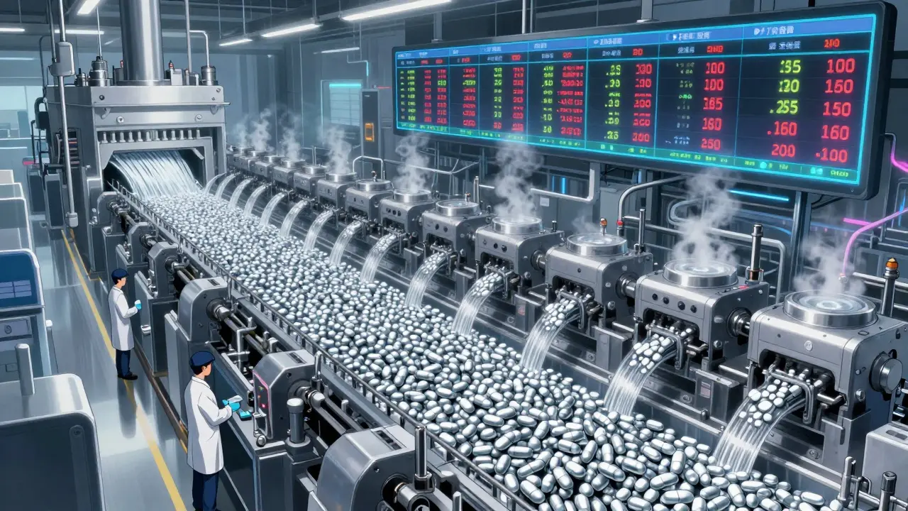 A high-tech factory producing millions of generic pills in a continuous automated flow under glowing neon lights.