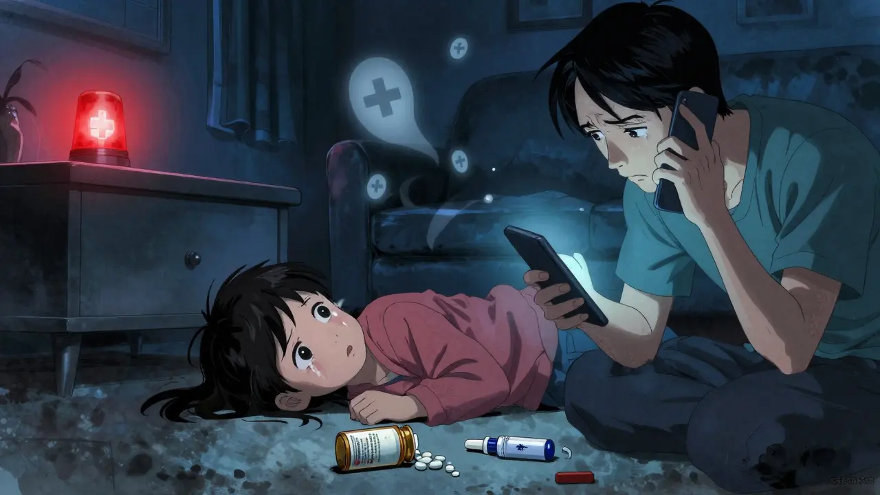 A parent holds naloxone beside a child on the floor, calling Poison Control under emergency lighting.