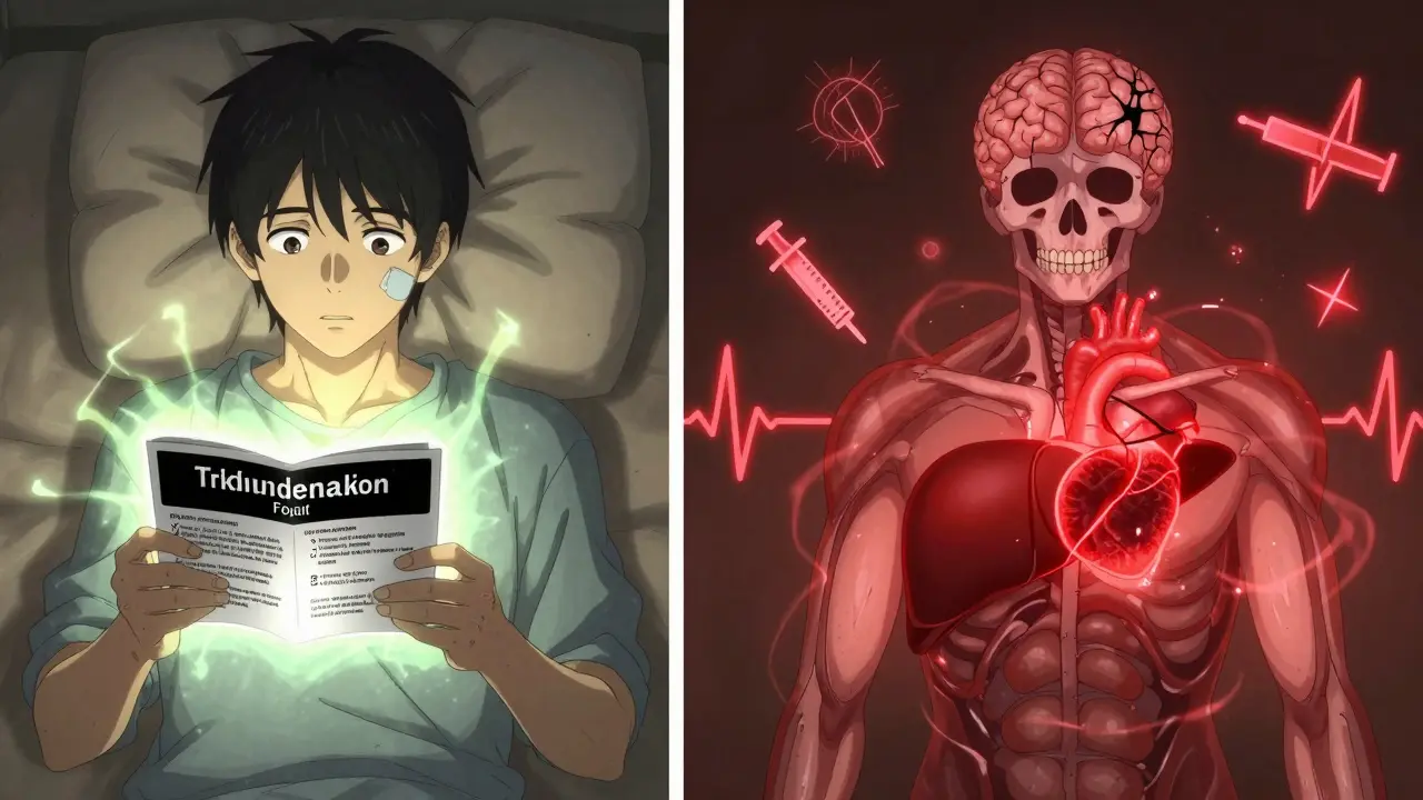 A patient reading a drug label as glowing symbols show internal health risks.