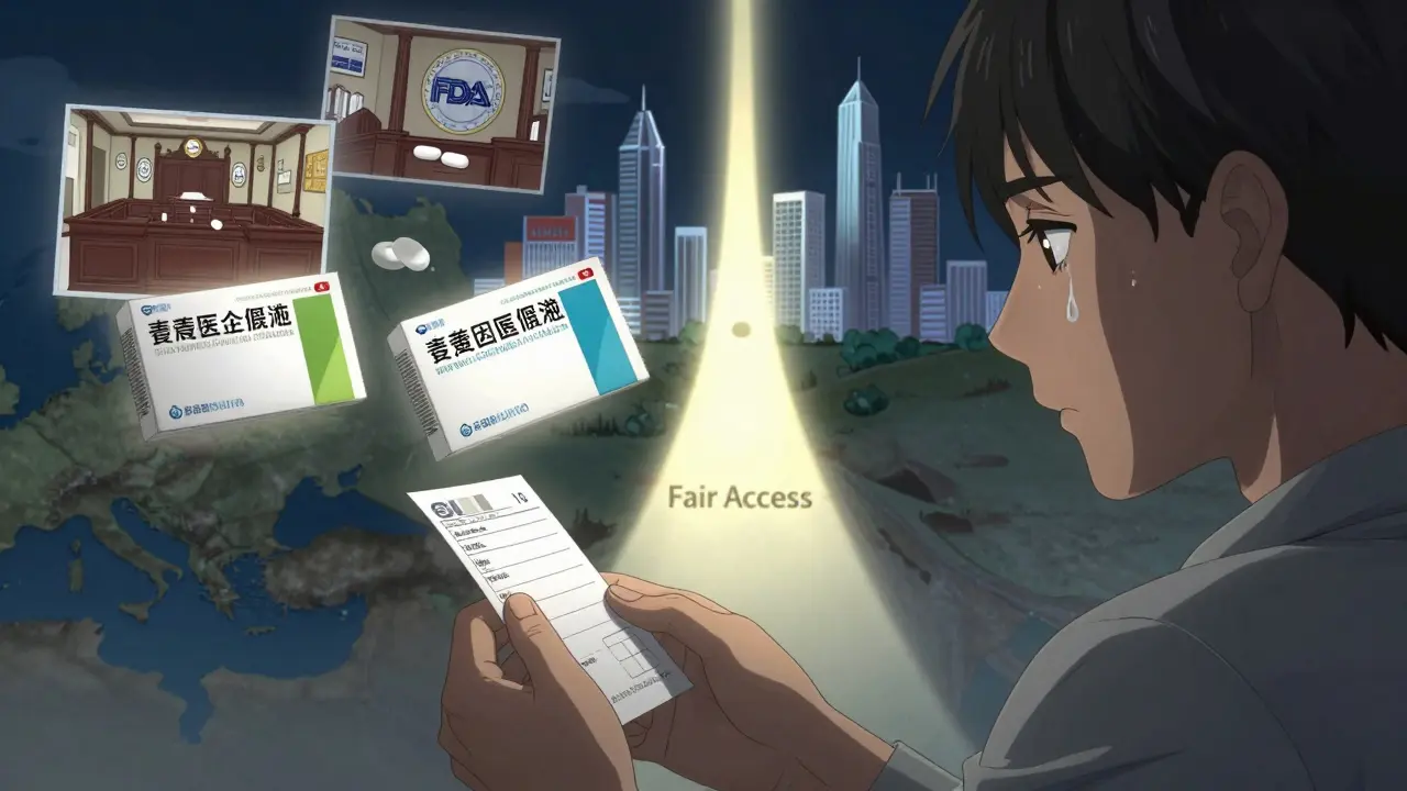 A patient stares at expensive vs. cheap pills, with ghostly corporate symbols crushing the generic option.