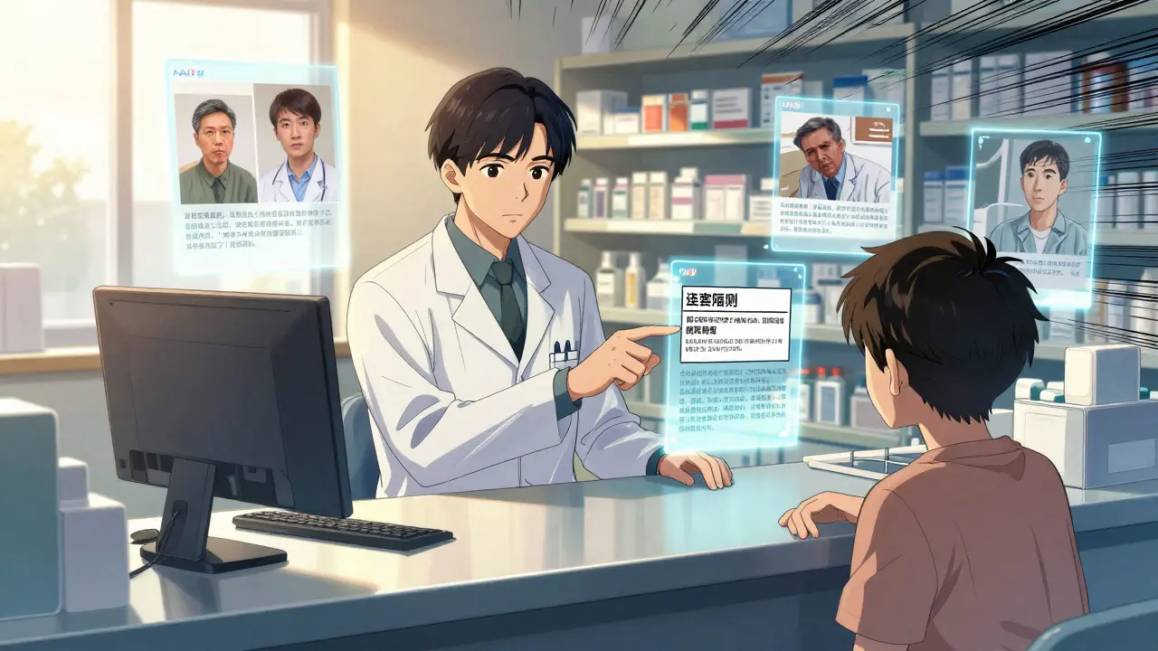 A pharmacist explains a black box warning to a patient with floating patient stories around them.