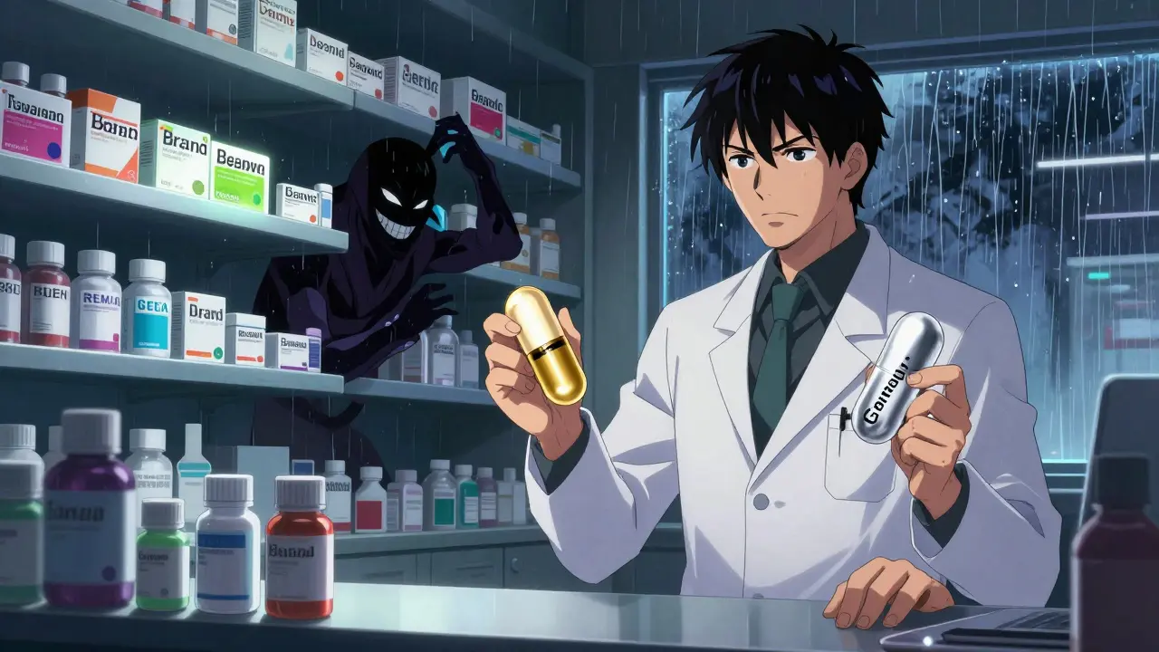 A pharmacist holds generic and brand pills, while a dark figure removes the original drug from the shelf.
