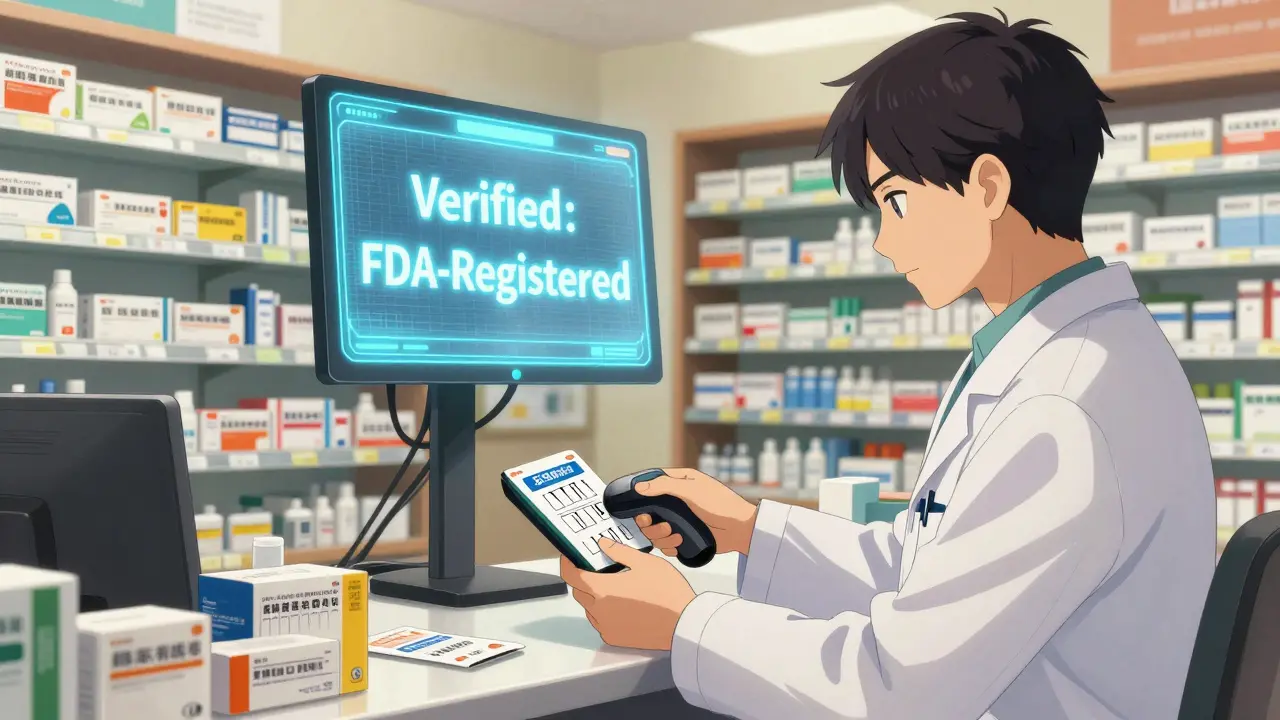 A pharmacist scanning a drug package with a verification device at a well-lit pharmacy counter.