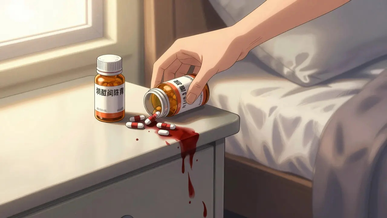 Acetaminophen bottle placed safely next to blood thinner, while NSAID bottles fall into darkness.