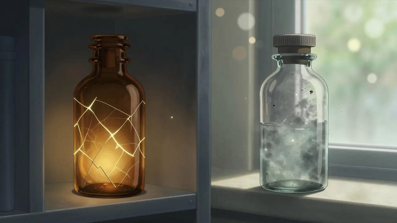 Amber bottle glowing safely in a cabinet versus a fading clear bottle in sunlight.