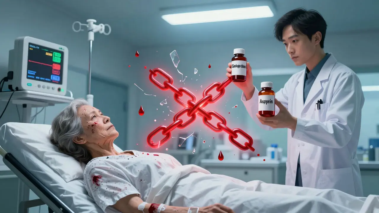 An elderly woman in an ER with doctors holding ginkgo and aspirin bottles, blood droplets floating in air.