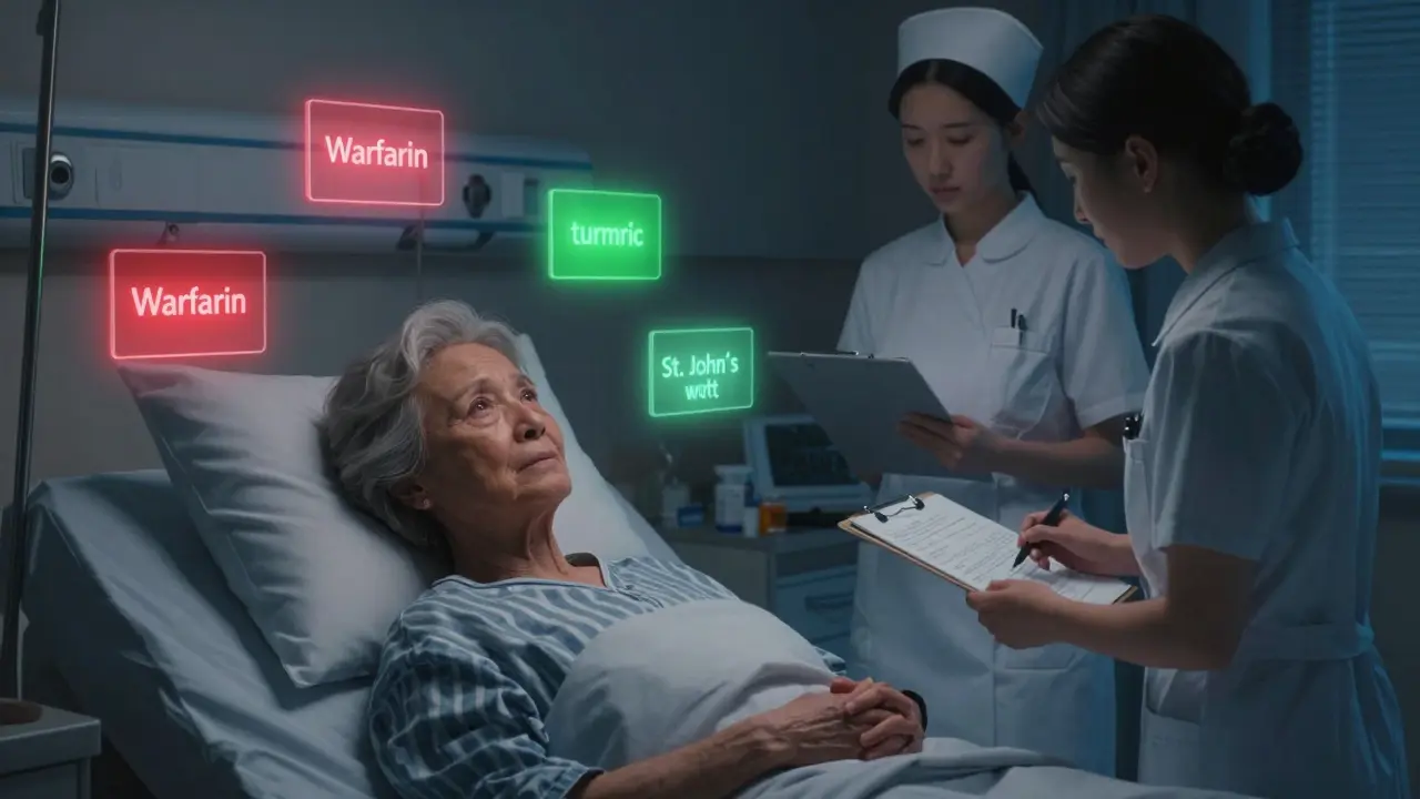 An elderly woman in bed is surrounded by glowing medication labels, with a nurse holding a handwritten list.