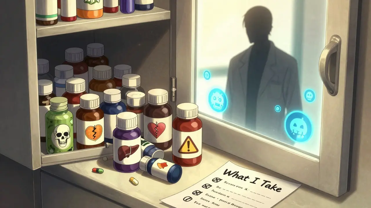 An open medicine cabinet spilling supplements with hidden toxic symbols, shadowy figure watching from behind.