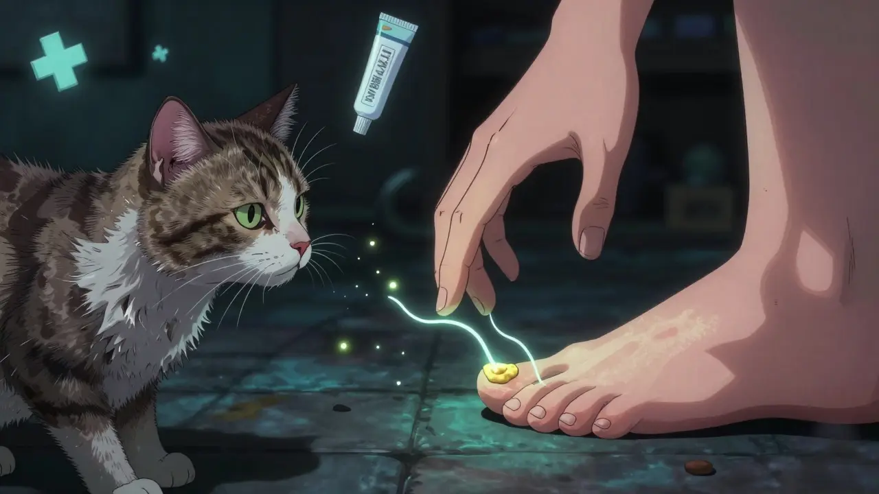 Cat with patchy fur transmitting fungus to person's thickened toenails.