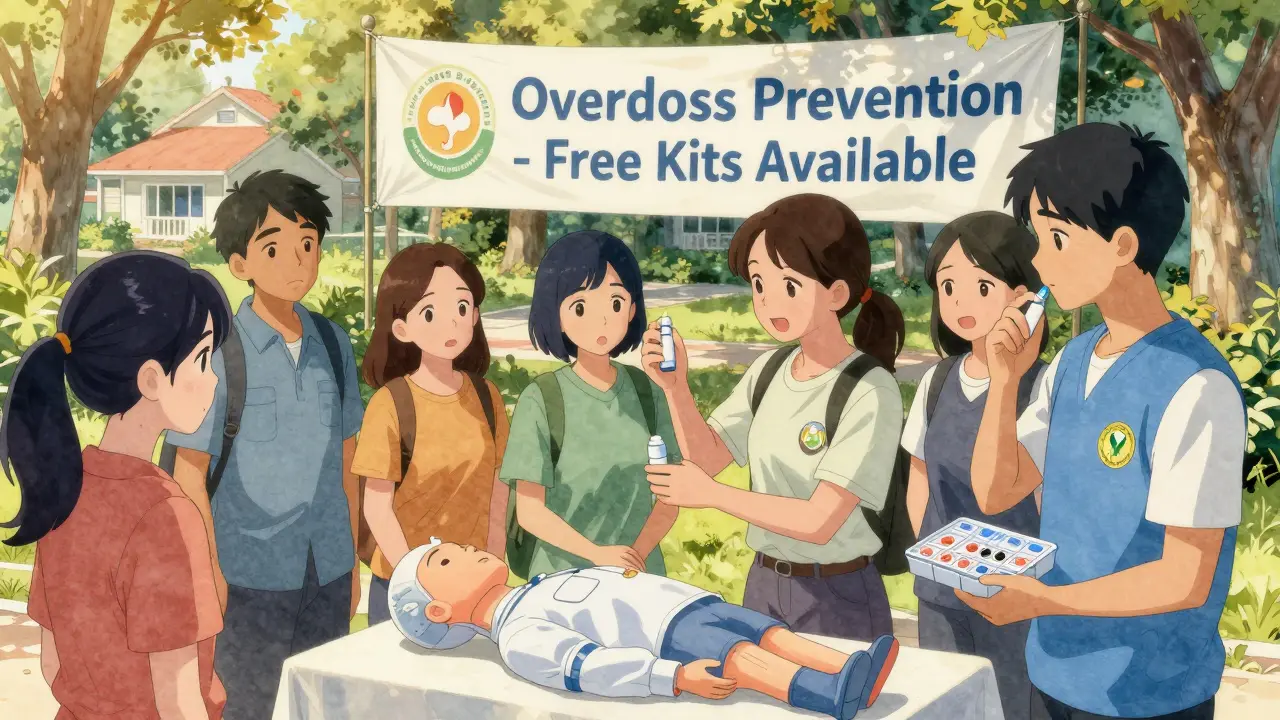 Community members learning to use naloxone spray in a park under sunny trees with a prevention banner.