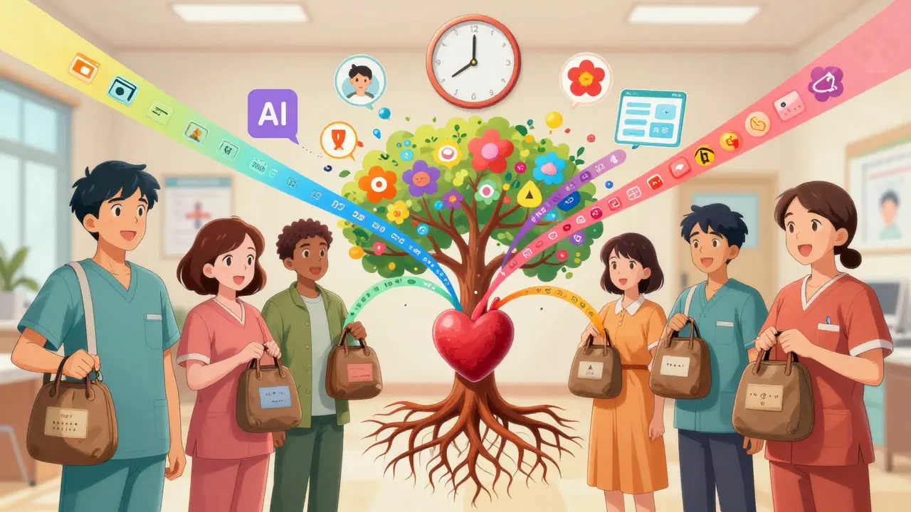 Diverse patients share their meds in a health center as data streams form a heart-shaped tree of safety.
