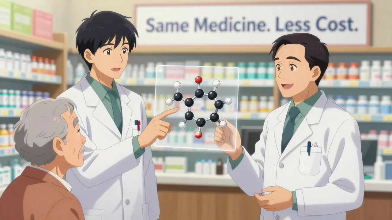 Doctor and pharmacist explaining generics to an elderly patient, with molecular structure diagram floating between them.