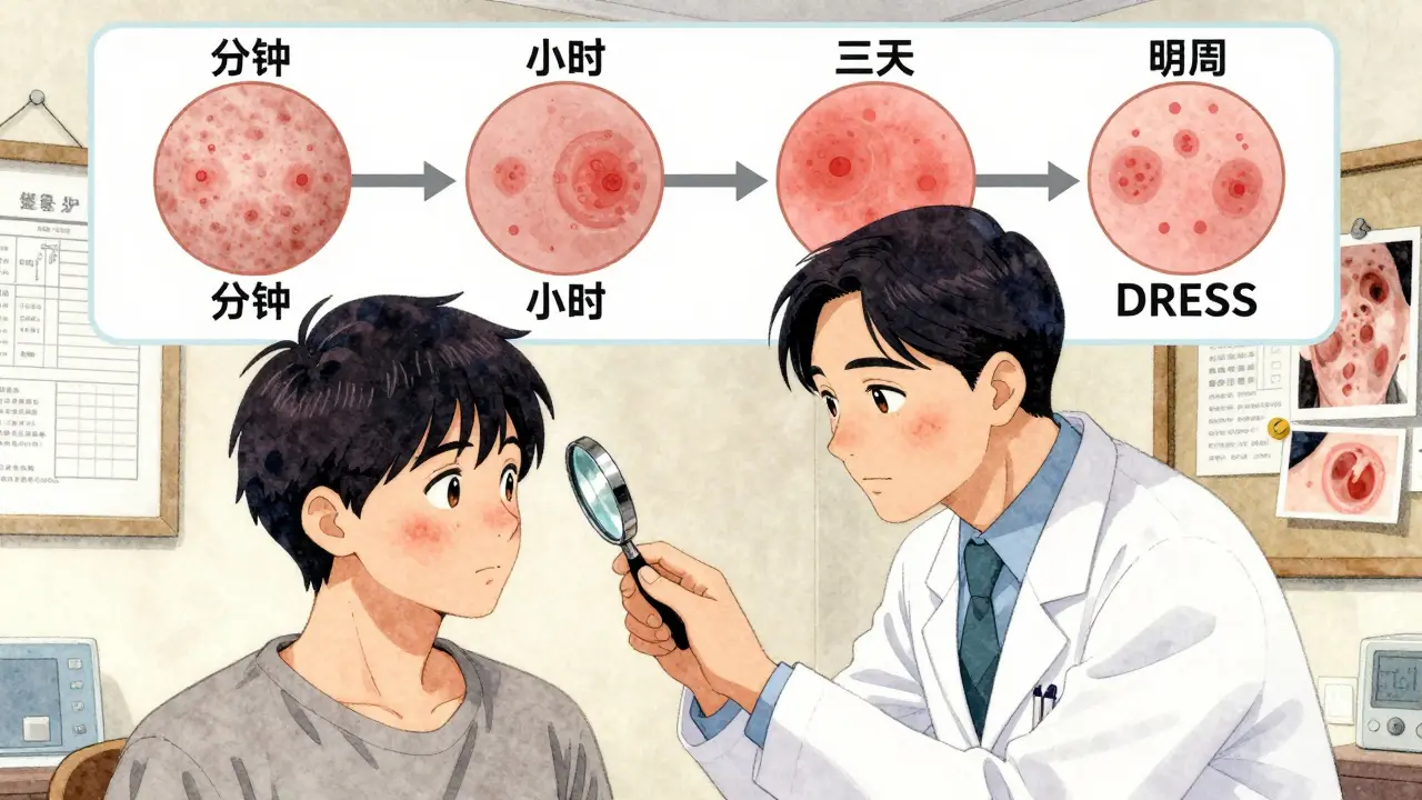 Doctor examining skin rash with timeline showing allergic reaction phases over days and weeks.
