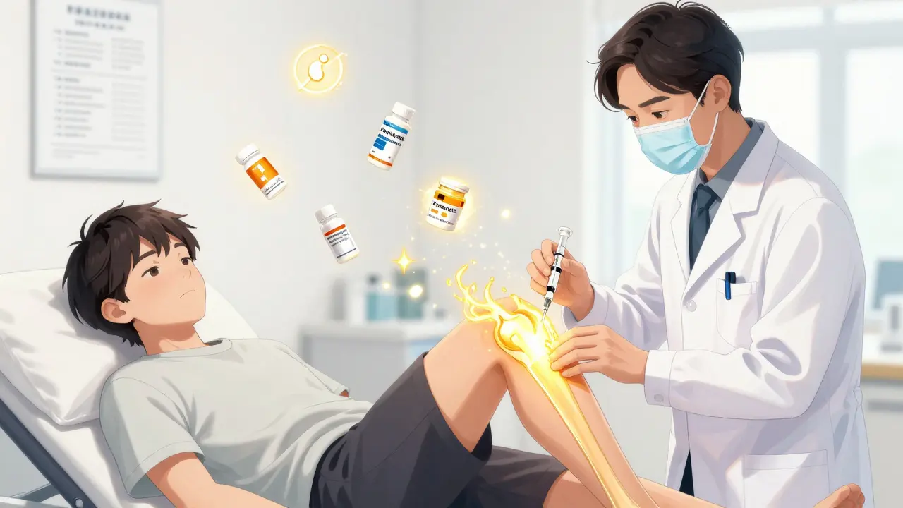 Doctor injecting steroid into knee, inflammation dissolving into light.