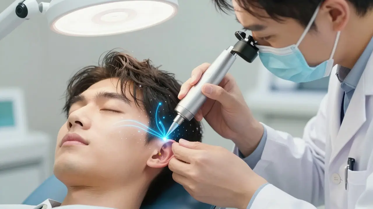 Doctor using microsuction device to safely remove earwax in a clinical setting.