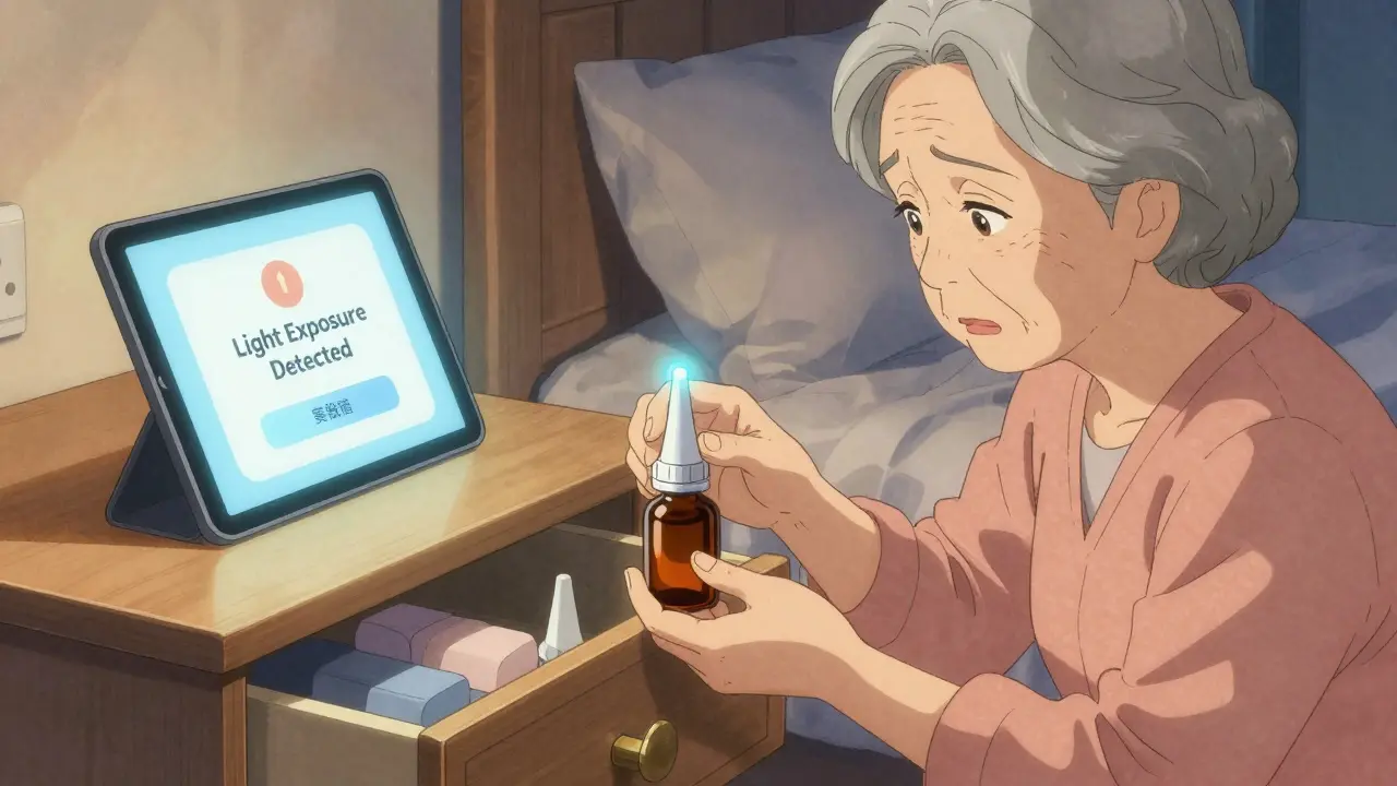 Elderly woman opening a dual-protection eye drop bottle from a locked drawer at night.